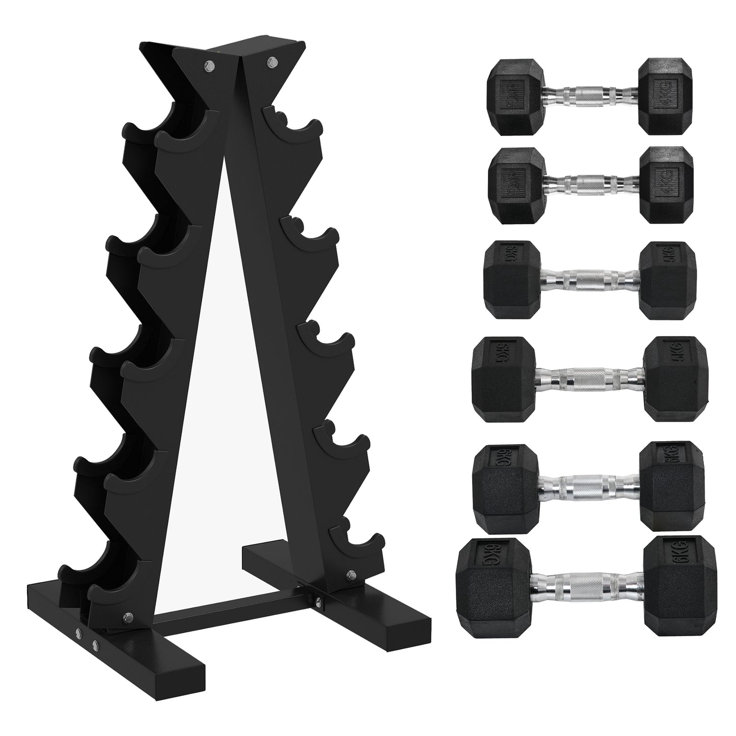 Photo of SPORTNOW 5-Tier Dumbbell Rack with 6 Hexagonal Rubber Dumbbells (2x4kg, 2x5kg, 2x6kg), Dumbbell Storage Stand Holder with Weights Sets for Home Gym Fitness, Black in Black colour on a white background