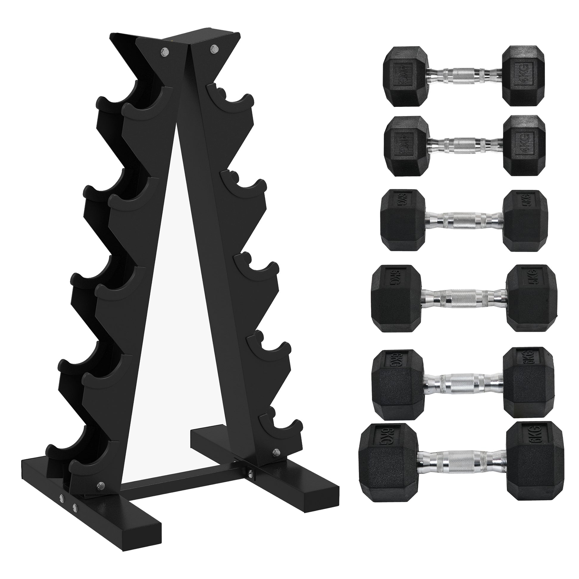 Photo of SPORTNOW 5-Tier Dumbbell Rack with 6 Hexagonal Rubber Dumbbells (2x4kg, 2x5kg, 2x6kg), Dumbbell Storage Stand Holder with Weights Sets for Home Gym Fitness, Black in Black colour on a white background
