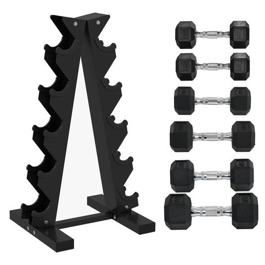 Photo of SPORTNOW 5-Tier Dumbbell Rack with 6 Hexagonal Rubber Dumbbells (2x4kg, 2x5kg, 2x6kg), Dumbbell Storage Stand Holder with Weights Sets for Home Gym Fitness, Black in Black colour on a white background