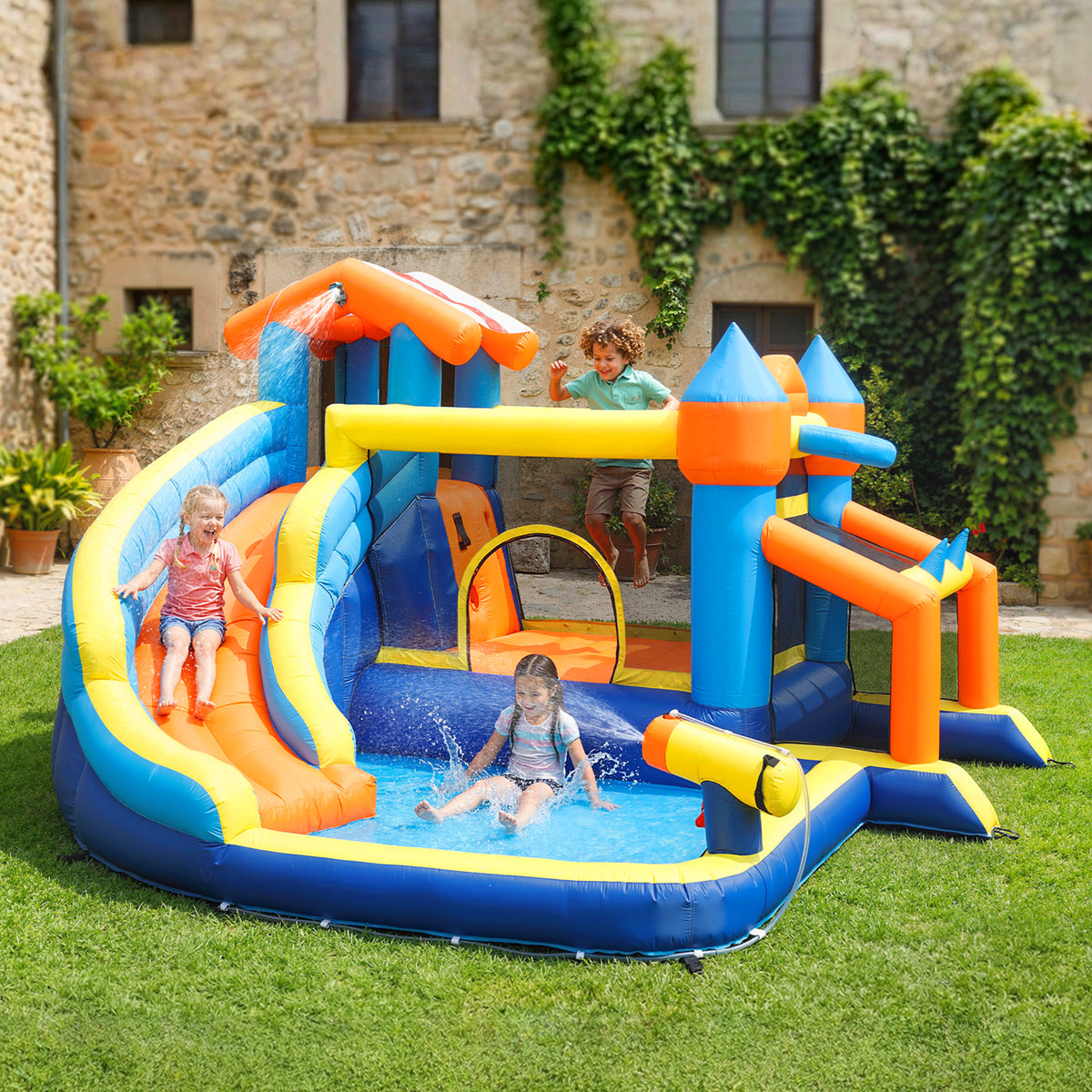 AIYAPLAY Bouncy Castle for Kids, Inflatable Bounce House with Long Slide, Splash Pool and 550W Blower for Indoor Outdoor