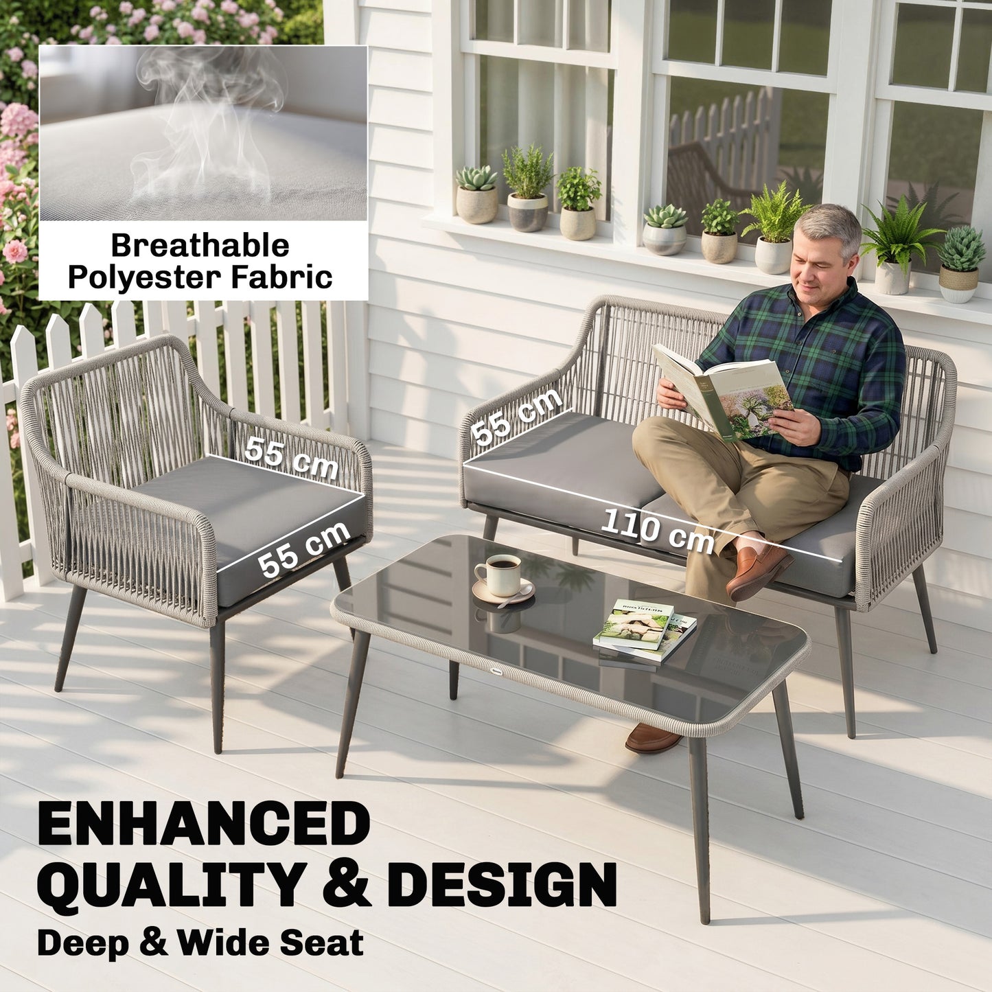 Outsunny Rattan Garden Furniture Set, 4 Piece Outdoor Patio Furniture with Tempered Glass Table and Chairs, Indoor Balcony Conservatory Set