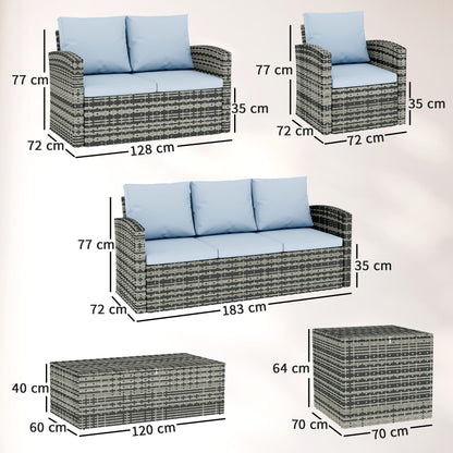 Gray wicker sofa, armchair and tables shown with dimensions