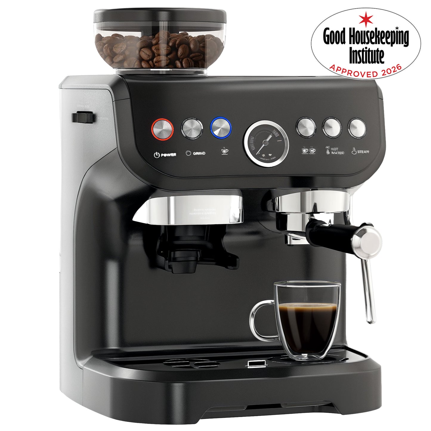 Photo of HOMCOM 15 Bar Coffee Machine with Adjustable Grind, Steamer and Accessories, Good Housekeeping Institute Approved, Black in Black colour on a white background