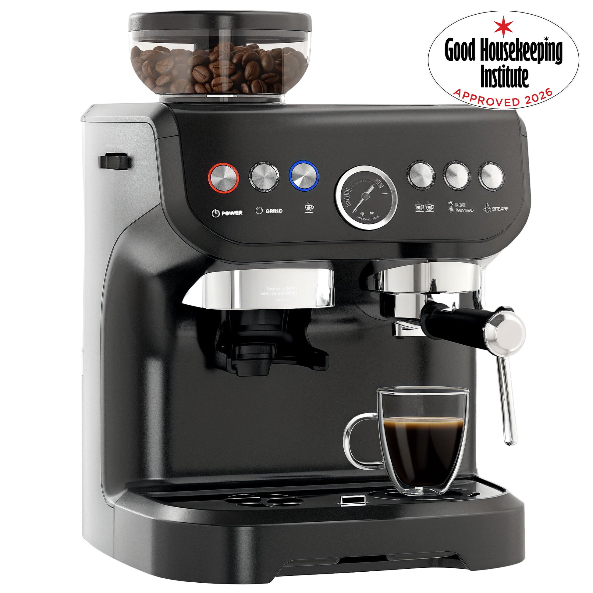 Photo of HOMCOM 15 Bar Coffee Machine with Adjustable Grind, Steamer and Accessories, Good Housekeeping Institute Approved, Black in Black colour on a white background