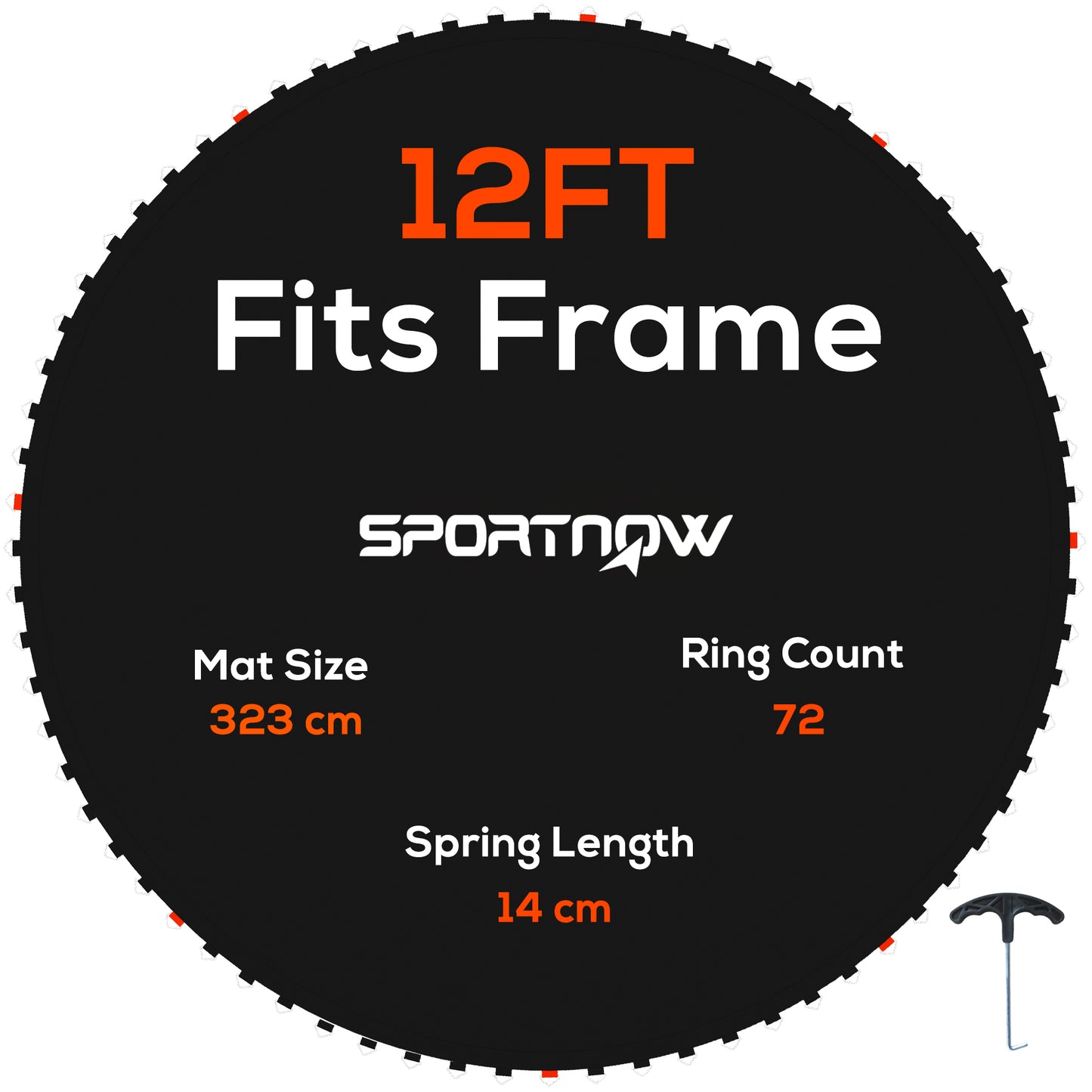Photo of SPORTNOW Replacement Trampoline Mat with Spring Pull Tool, 72 V-Hooks, for 12ft Trampoline using 14cm Springs, Black in Black colour on a white background