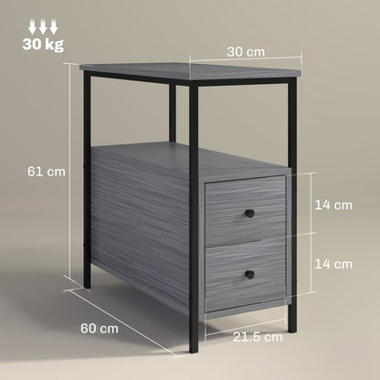 Grey wood-grain side table with two drawers and open shelf, shown with dimensions and 30 kg capacity