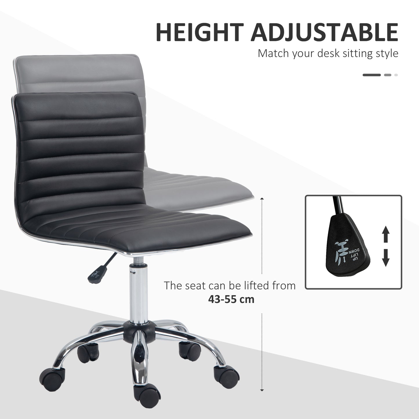 HOMCOM Armless Task Desk Chair, Swivel Office Chair with Faux Leather, Adjustable Seat Height, Chrome Base, Wheels for Home, Black