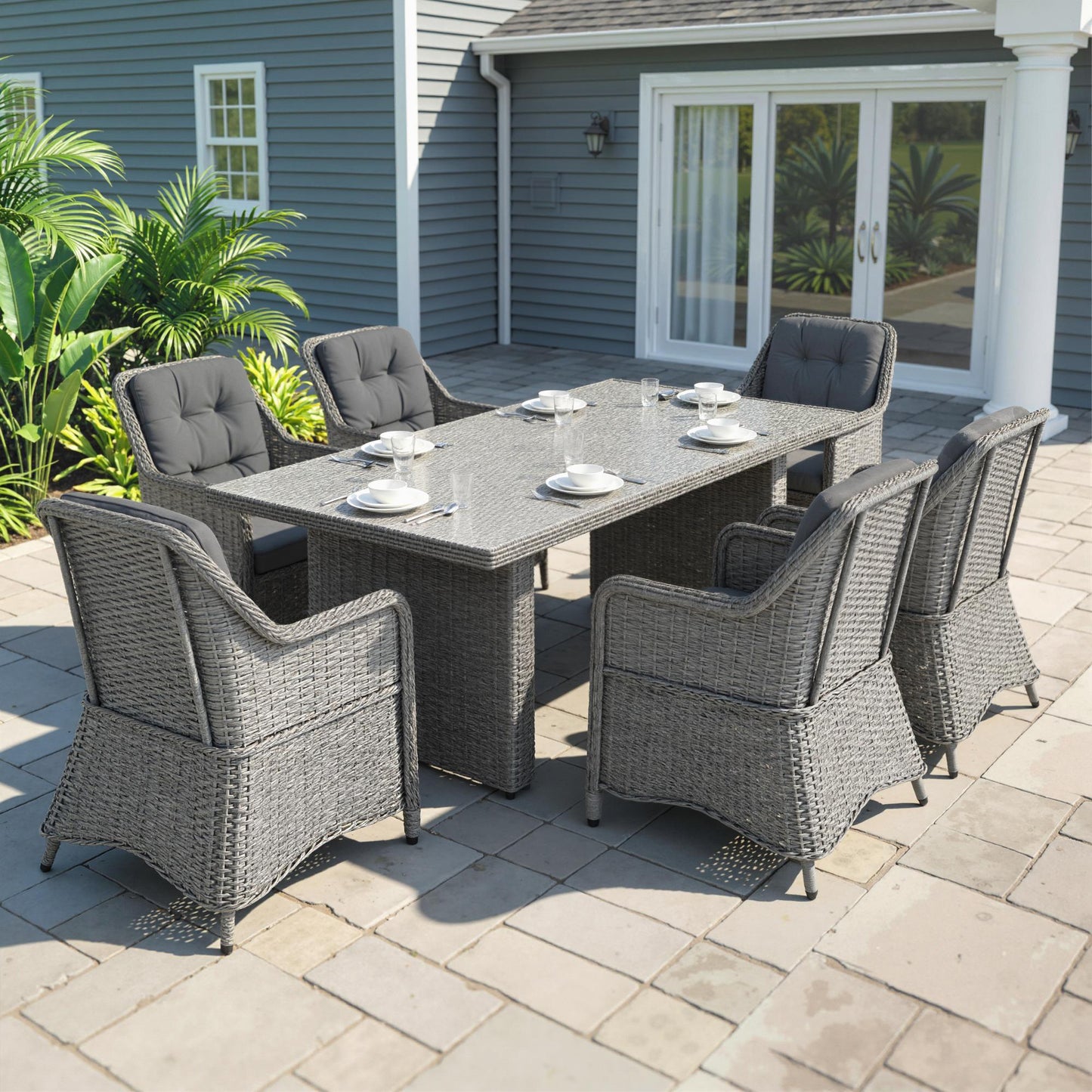 Outsunny 6 Seater Rattan Garden Dining Set with Cushions, Aluminium Outdoor Patio Furniture Set for Garden Gatherings & Outdoor Dining, Mixed Grey