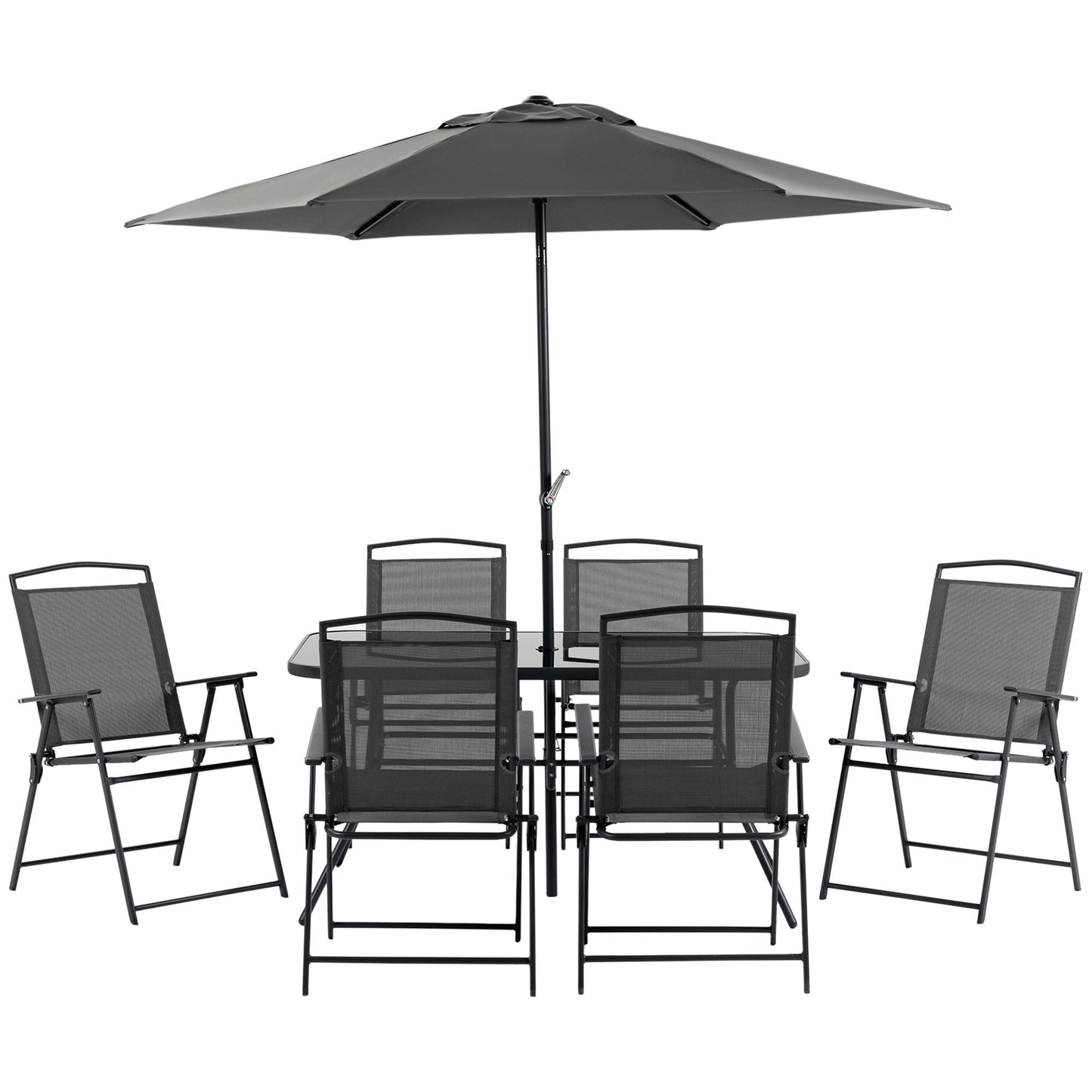 Photo of Outsunny Eight-Piece Garden Dining Set, with Chairs, Table and Parasol - Black in Black colour on a white background