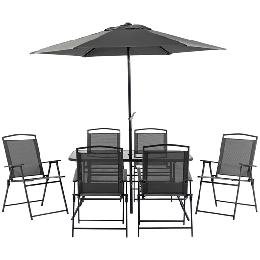 Photo of Outsunny Eight-Piece Garden Dining Set, with Chairs, Table and Parasol - Black in Black colour on a white background