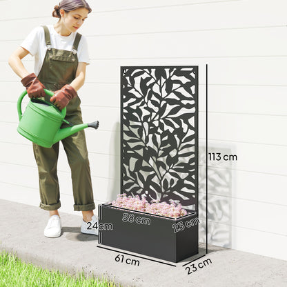 Raised metal planter with trellis, shown with dimensions of 61 by 23 by 113 cm