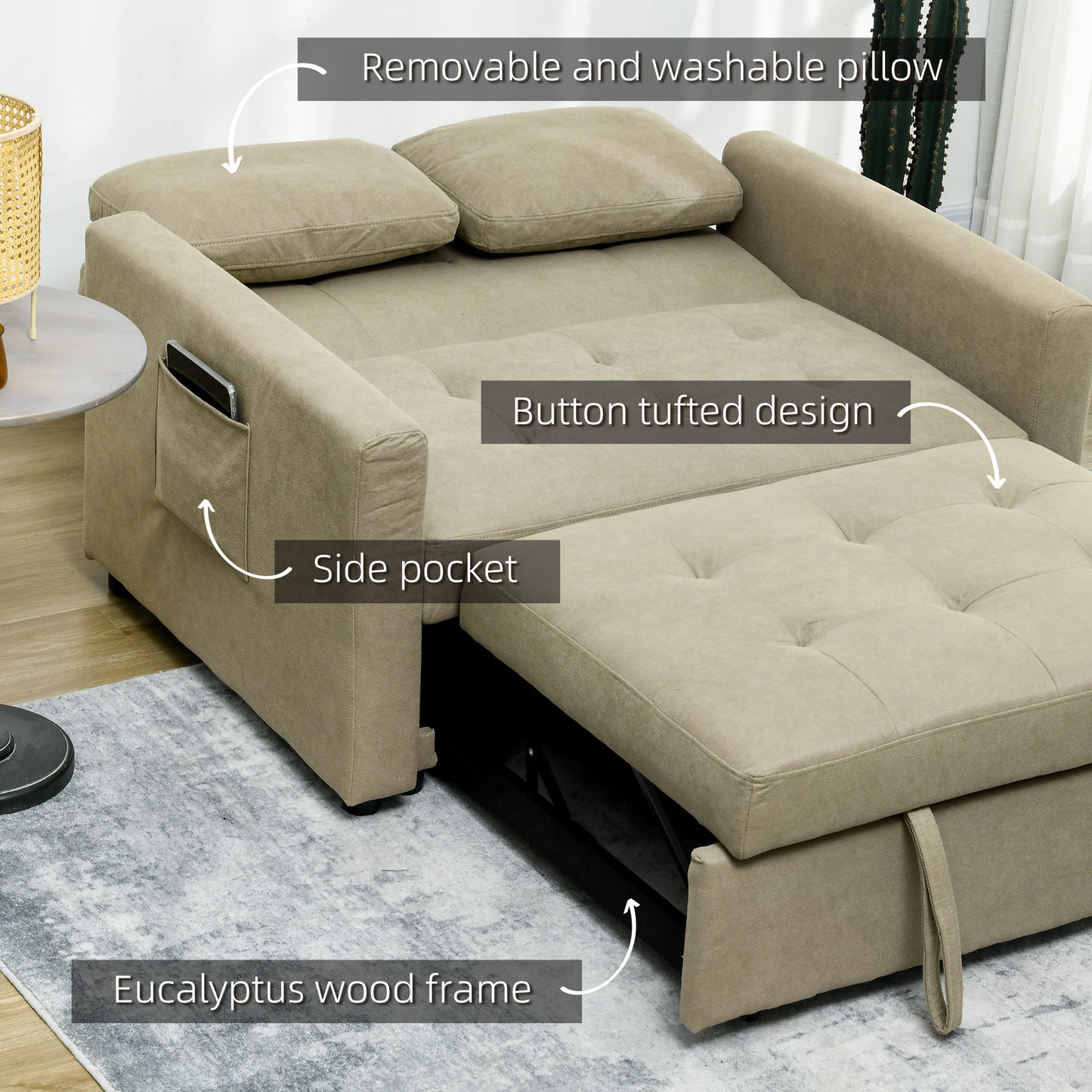 HOMCOM Loveseat Sofa Bed, Convertible Bed Settee with 2 Pillows, Side Pockets, Light Brown