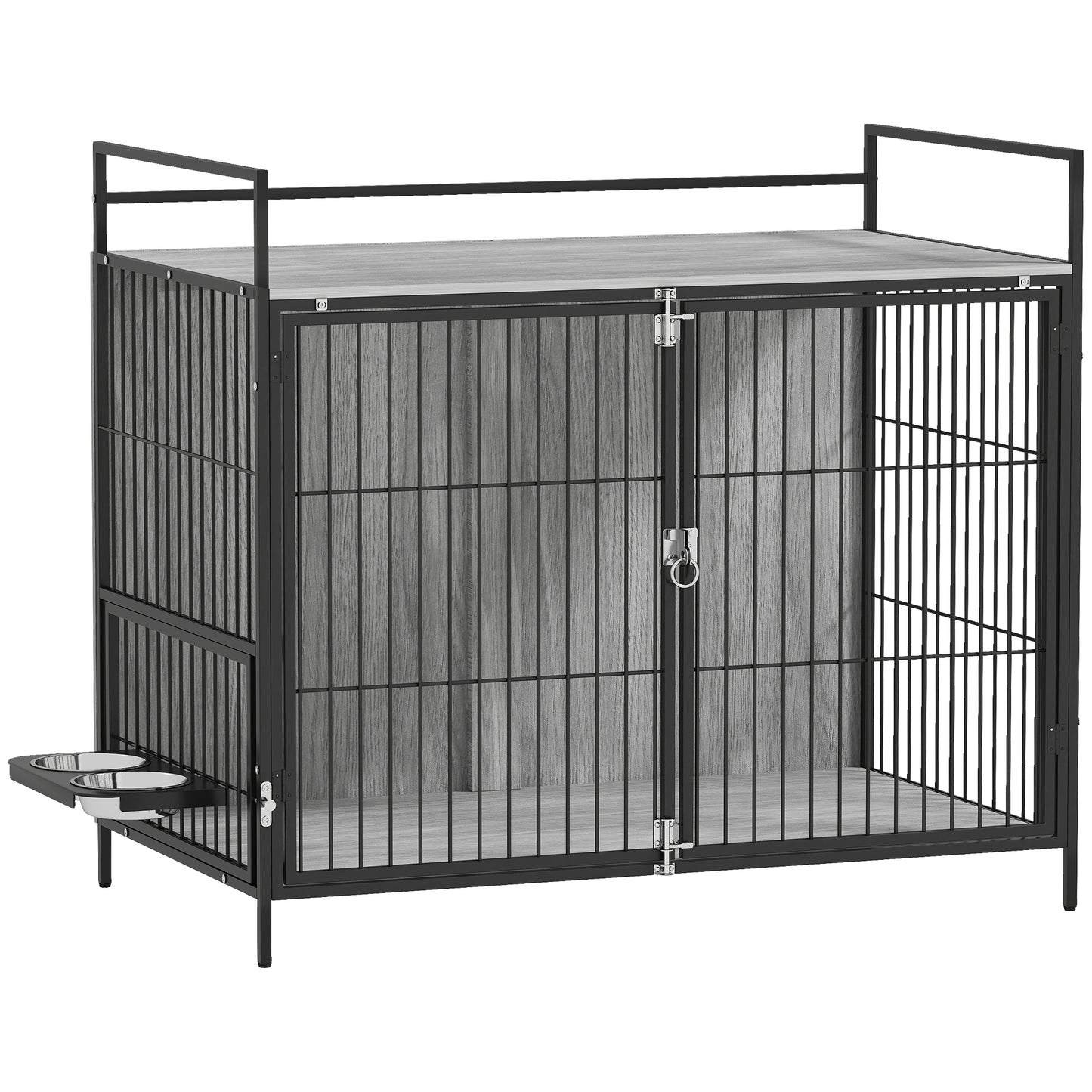 Photo of PawHut Large Dog Crate Furniture with Rotating Bowl Holder, 2 Bowls, 2 Doors, for Large Dogs, 100 x 60 x 88 cm, Grey in Grey colour on a white background