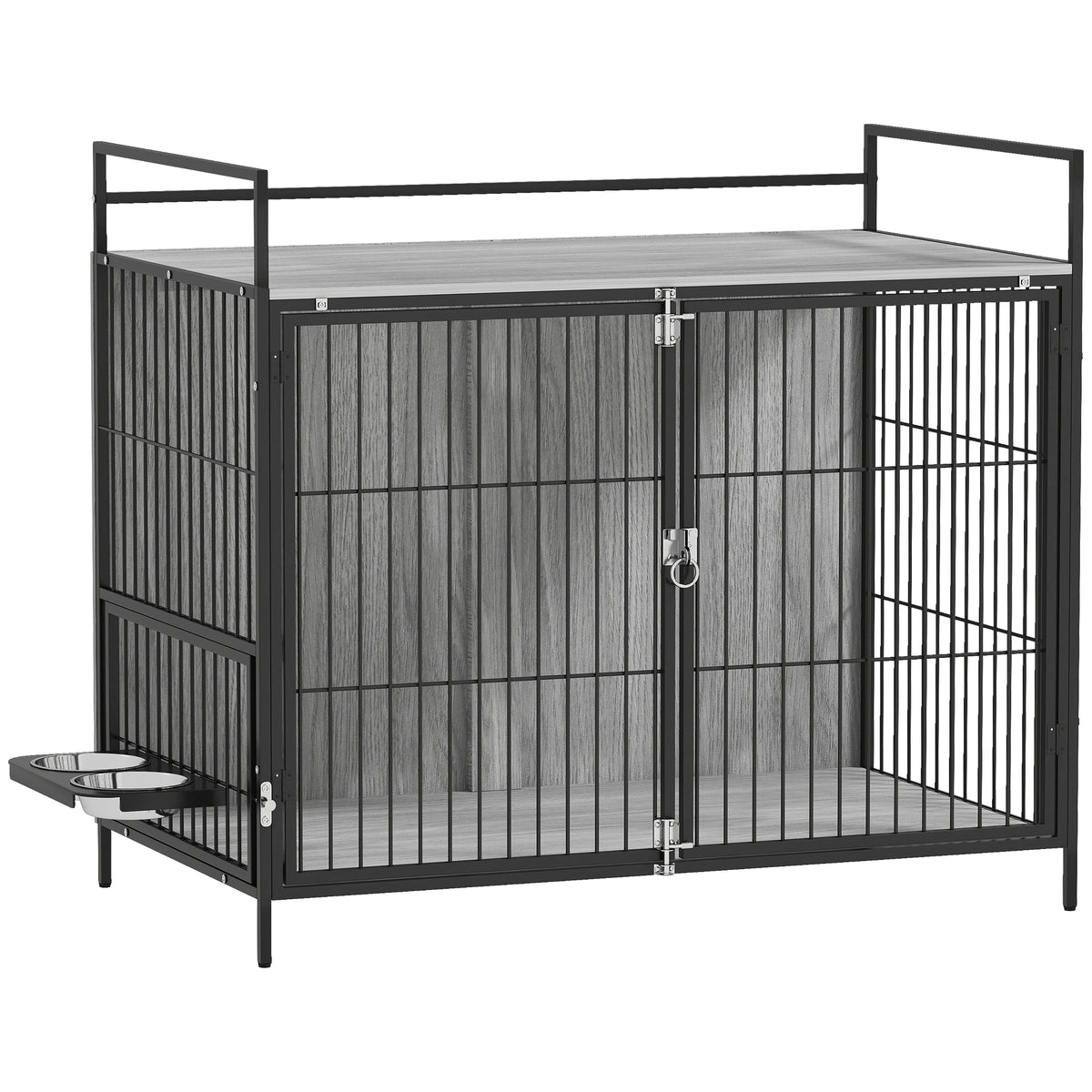 Photo of PawHut Large Dog Crate Furniture with Rotating Bowl Holder, 2 Bowls, 2 Doors, for Large Dogs, 100 x 60 x 88 cm, Grey in Grey colour on a white background