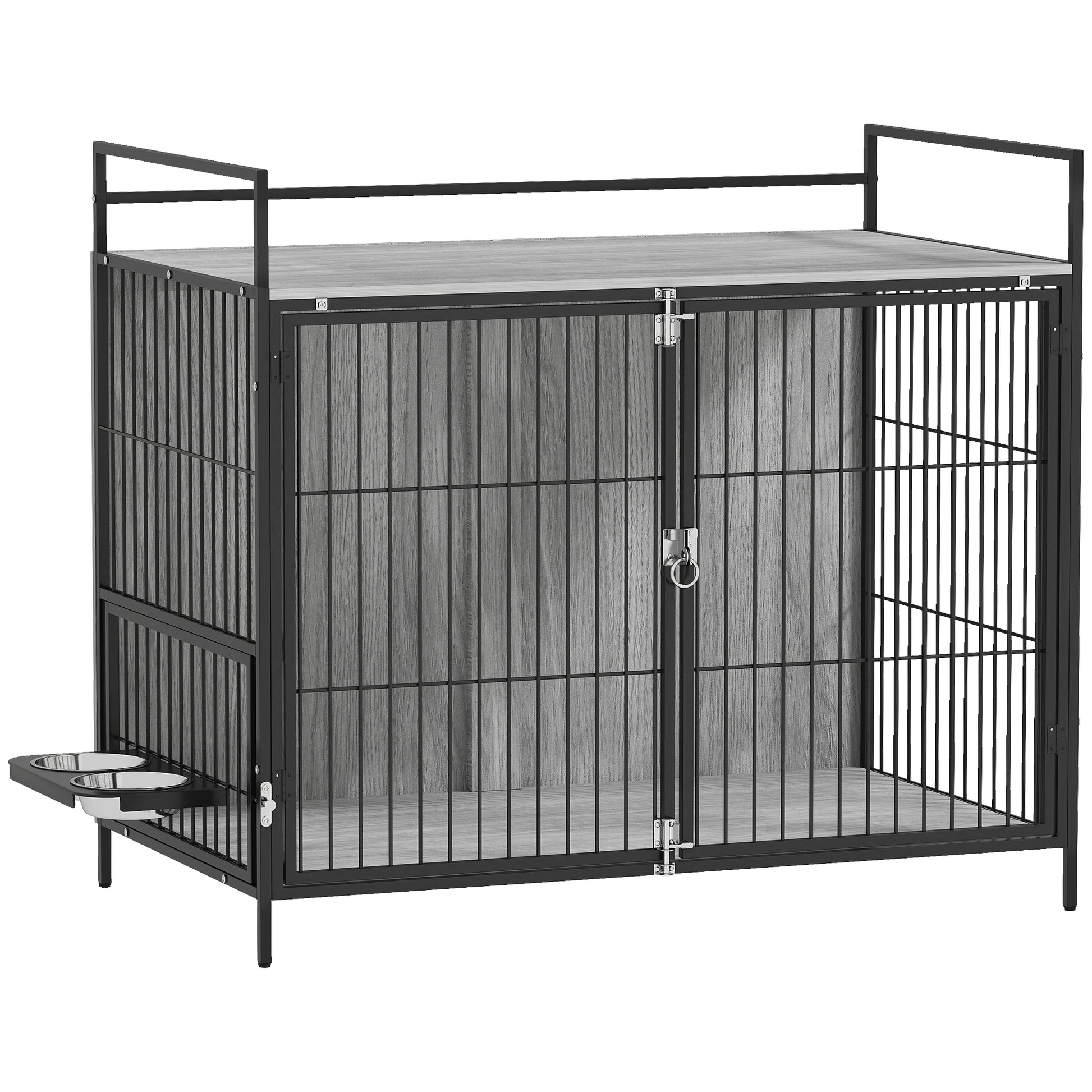 Photo of PawHut Large Dog Crate Furniture with Rotating Bowl Holder, 2 Bowls, 2 Doors, for Large Dogs, 100 x 60 x 88 cm, Grey in Grey colour on a white background