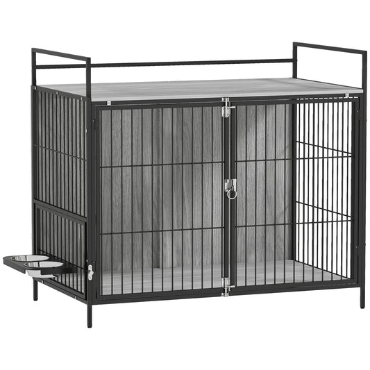 Photo of PawHut Large Dog Crate Furniture with Rotating Bowl Holder, 2 Bowls, 2 Doors, for Large Dogs, 100 x 60 x 88 cm, Grey in Grey colour on a white background
