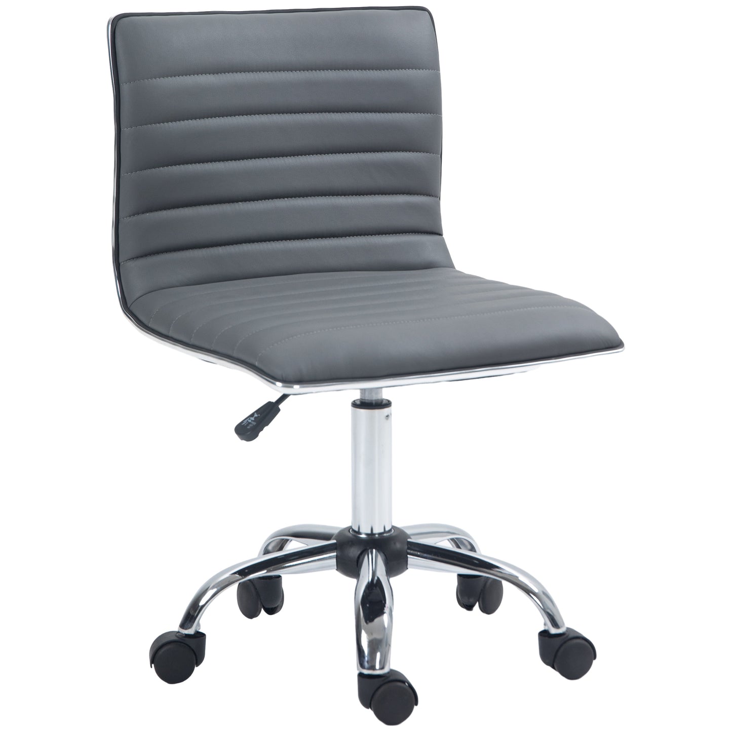Photo of HOMCOM Armless Task Desk Chair, Swivel Office Chair with Faux Leather, Adjustable Seat Height, Chrome Base, Wheels for Home, Dark Grey in Grey colour on a white background