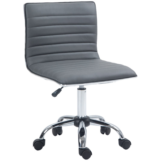 Photo of HOMCOM Armless Task Desk Chair, Swivel Office Chair with Faux Leather, Adjustable Seat Height, Chrome Base, Wheels for Home, Dark Grey in Grey colour on a white background