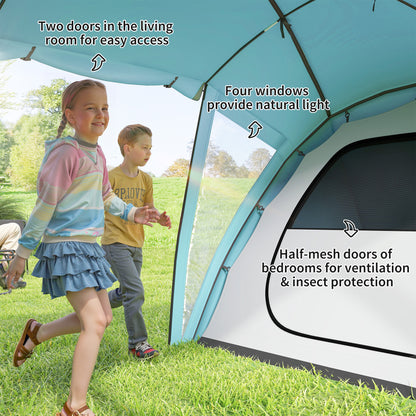 Outsunny blue tent interior with mesh bedroom door and multiple windows