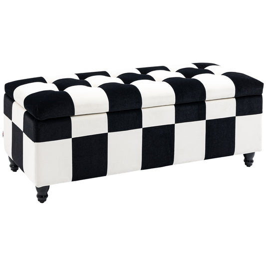 Photo of HOMCOM Storage Ottoman, Storage Bench with Wood Legs, Footstool, Footrest with Velvet Surface for Bedroom, Hallway, Living Room, 114 x 47 x 47 cm, White and Black in Black colour on a white background