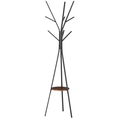 Black metal coat tree with branching hooks and a round brown shelf