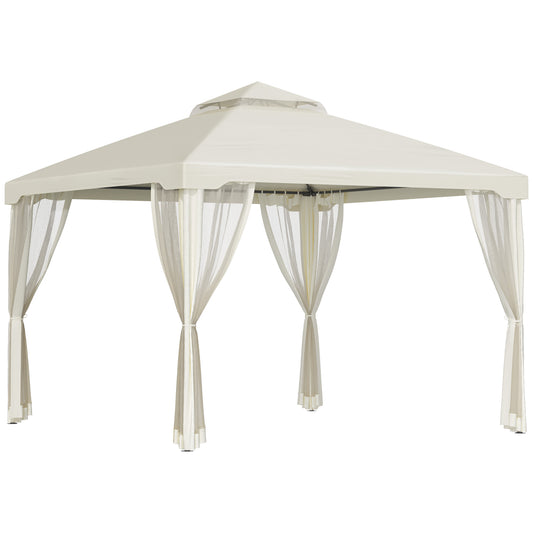 Photo of Outsunny 3 x 3 m Metal Gazebo, Double Roof Canopy Shelter with Mesh Sidewalls, Cream White in White colour on a white background