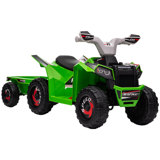 Photo of HOMCOM 6V Quad Bike with Back Trailer, Wear-Resistant Wheels, for Ages 18-36 Months, Green in Green colour on a white background