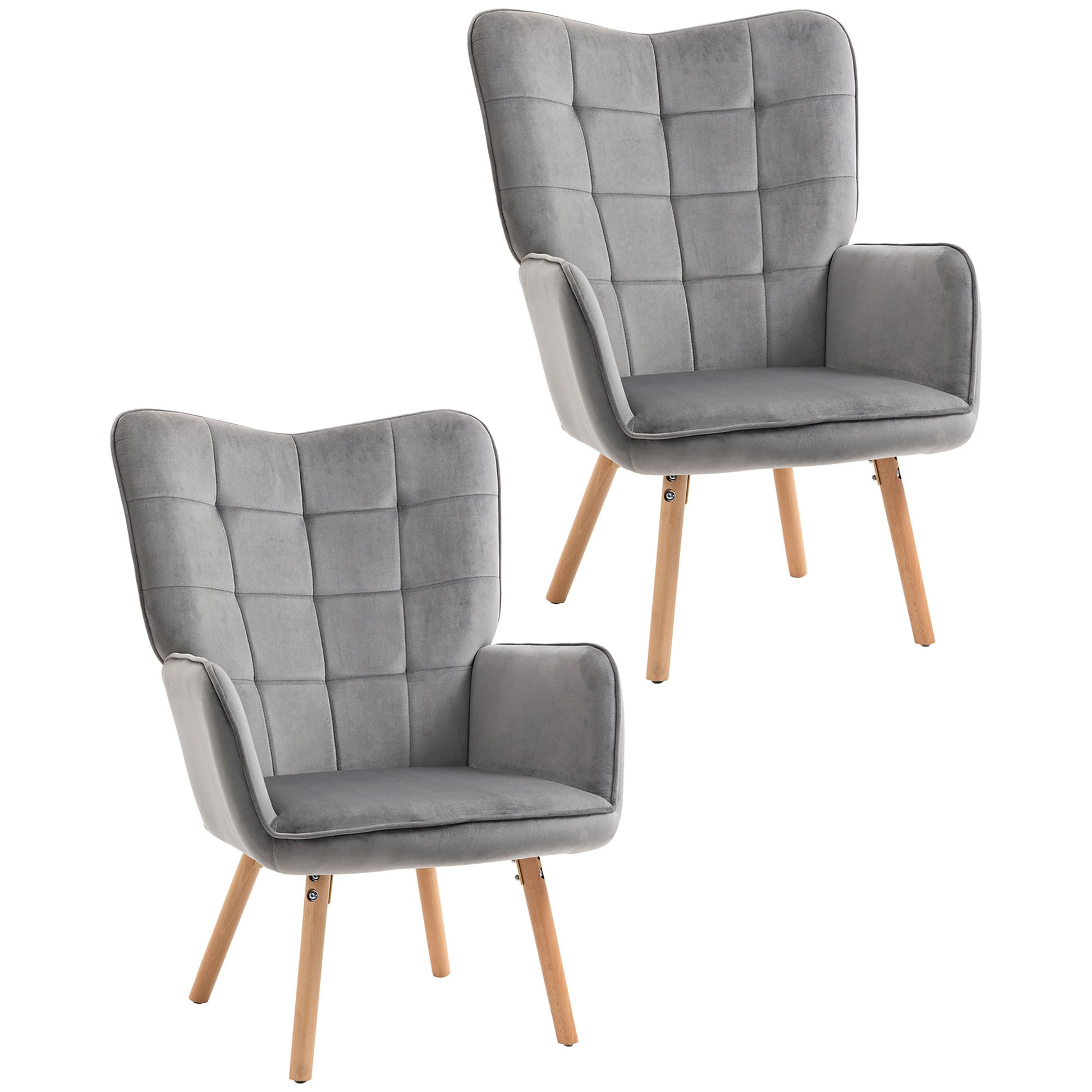 Photo of HOMCOM Modern Accent Chair Velvet-Touch Tufted Wingback Armchair Upholstered Leisure Lounge Sofa Club Chair with Wood Legs, Set of 2, Grey in Grey colour on a white background