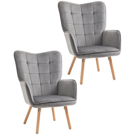 Photo of HOMCOM Modern Accent Chair Velvet-Touch Tufted Wingback Armchair Upholstered Leisure Lounge Sofa Club Chair with Wood Legs, Set of 2, Grey in Grey colour on a white background