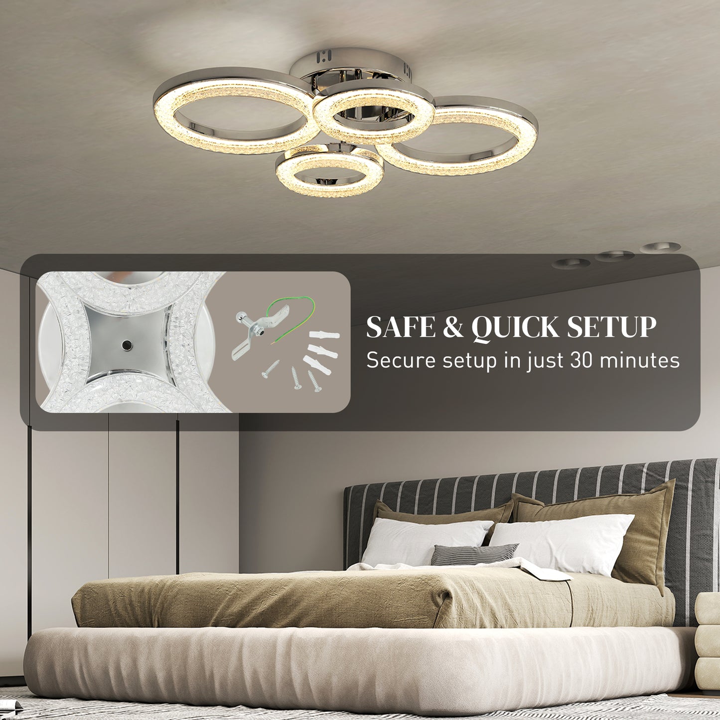 HOMCOM 4-Ring LED Ceiling Light, Flush Mount Ceiling Light with 3 Colour Temperatures, Silver Tone