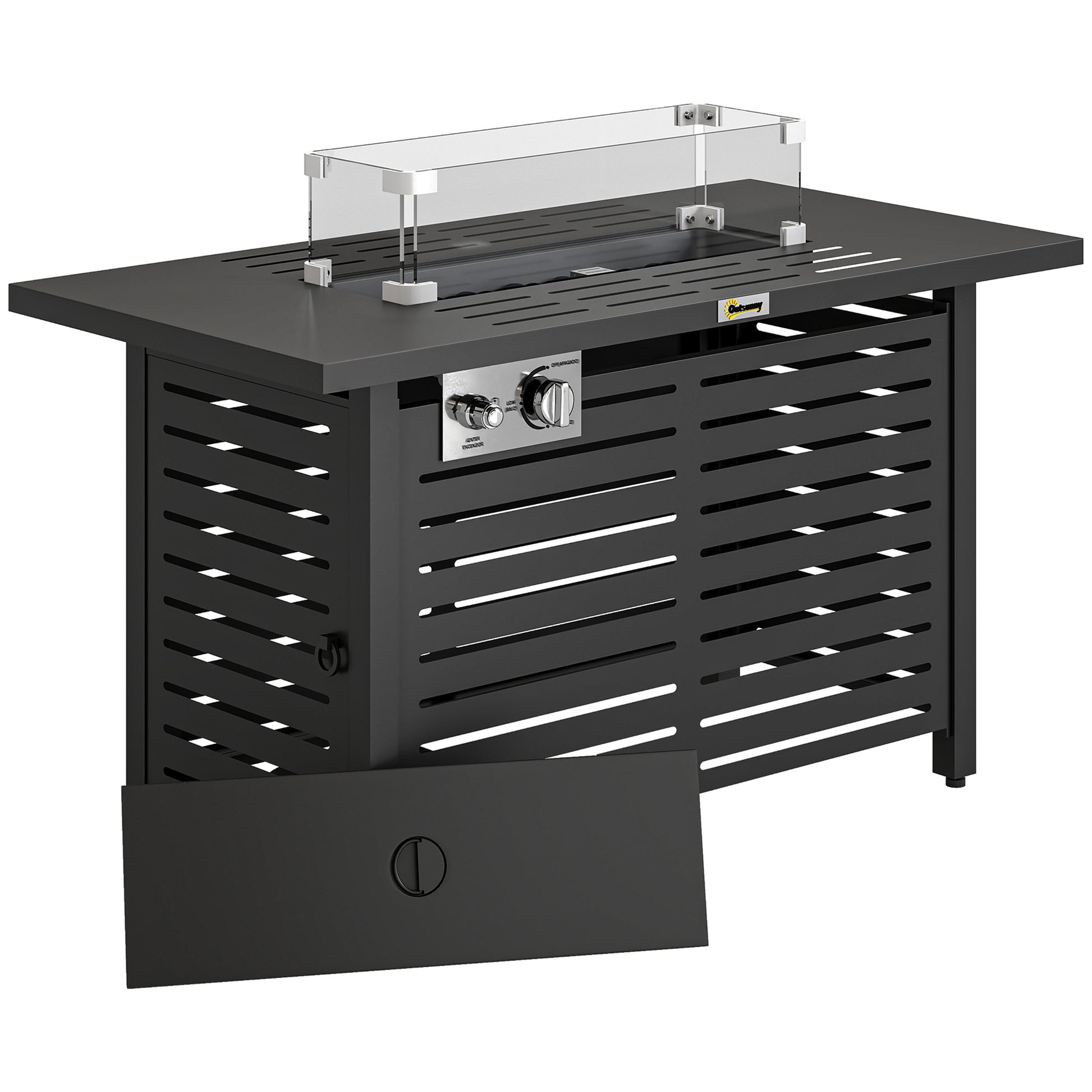 Photo of Outsunny Propane Gas Fire Pit Table, Outdoor Firepit with 43" Steel Tabletop and Lid, 50,000 BTU Pulse Ignition Fire Table w/ Stainless Steel Burner, Glass Wind Guard, and Cover in Cover colour on a white background