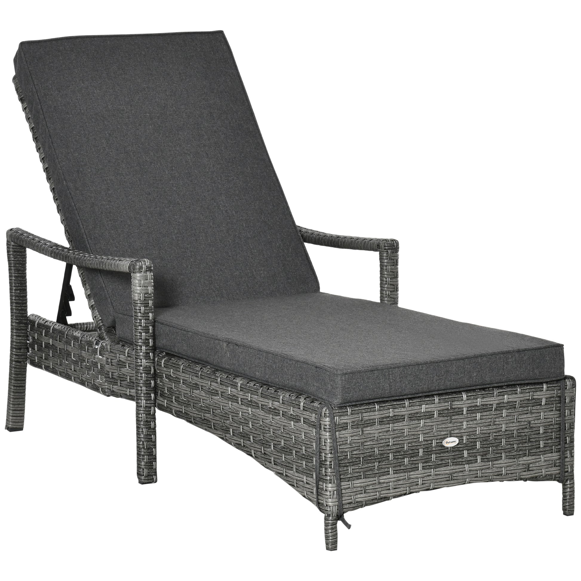 Photo of Outsunny Patio Rattan Sun Lounger, Dual Wicker Weave Outdoor Single Reclining Chair Furniture, 5-Level Adjustable Backrest w/ Removeable & Washable Cushion, Mixed Grey in Grey colour on a white background