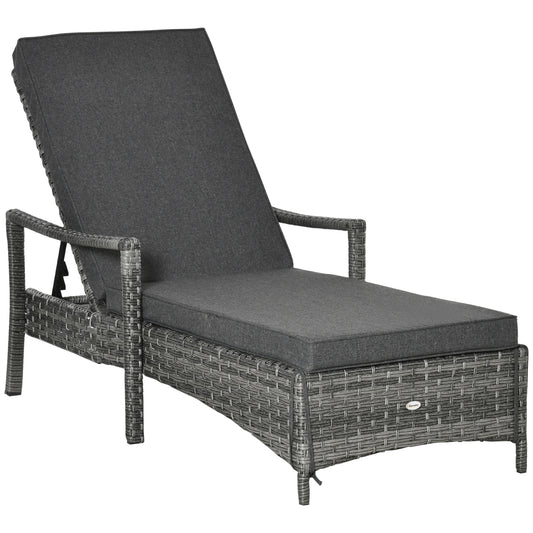 Photo of Outsunny Patio Rattan Sun Lounger, Dual Wicker Weave Outdoor Single Reclining Chair Furniture, 5-Level Adjustable Backrest w/ Removeable & Washable Cushion, Mixed Grey in Grey colour on a white background