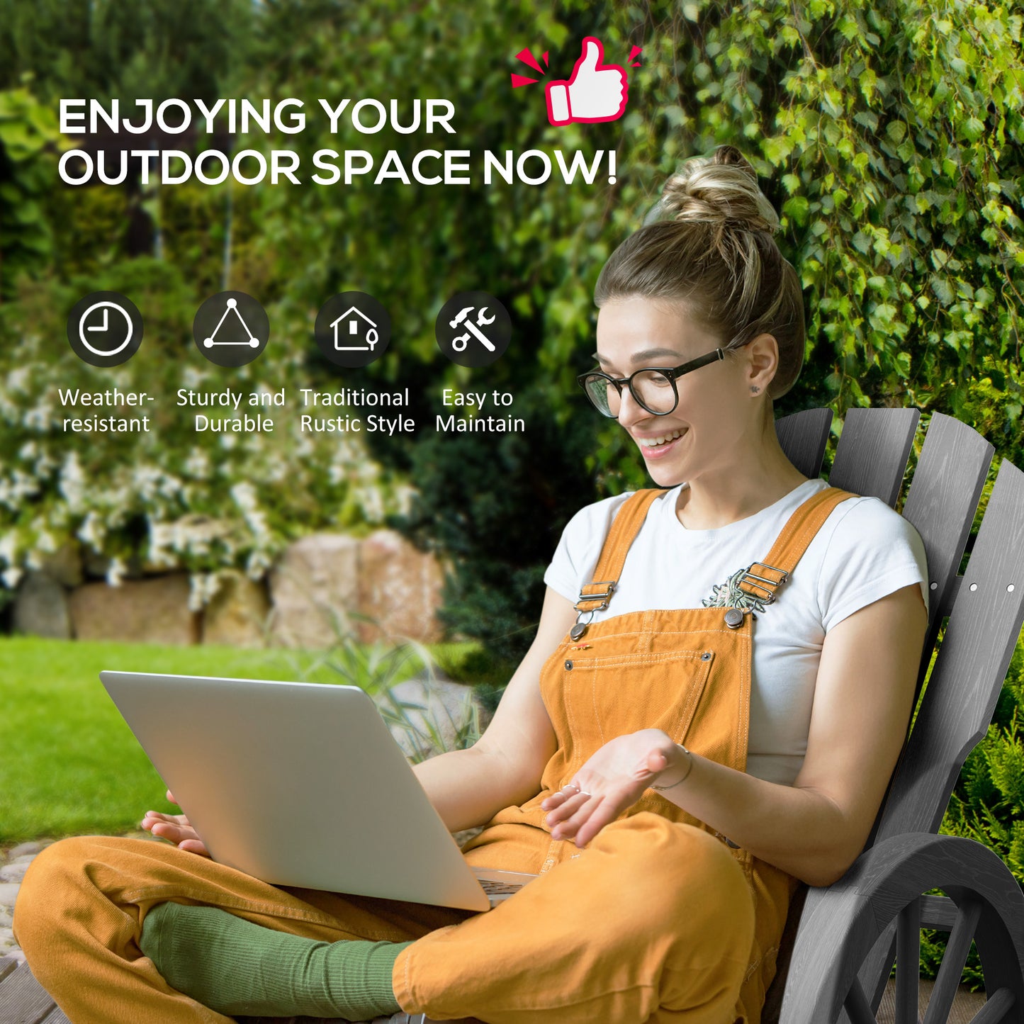 Outsunny Wooden Adirondack Rocking Chair Reclining Armchair Garden Furniture Patio Porch Rocker - Grey