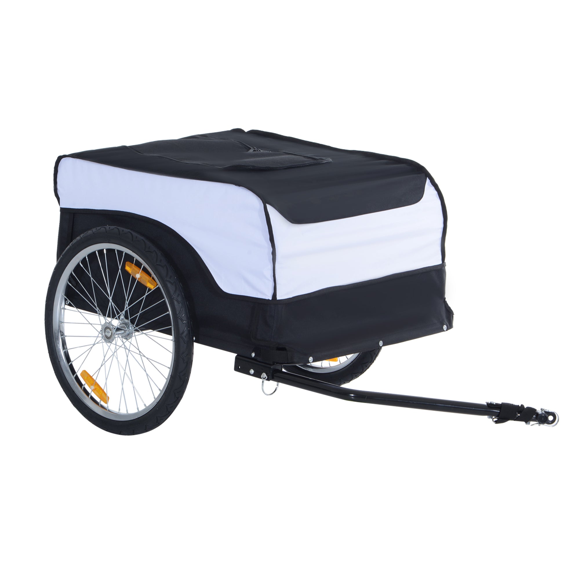 Photo of HOMCOM Bike Trailer Cargo in Steel Frame Extra Bicycle Storage Carrier with Removable Cover and Hitch (White and Black) in Black) colour on a white background