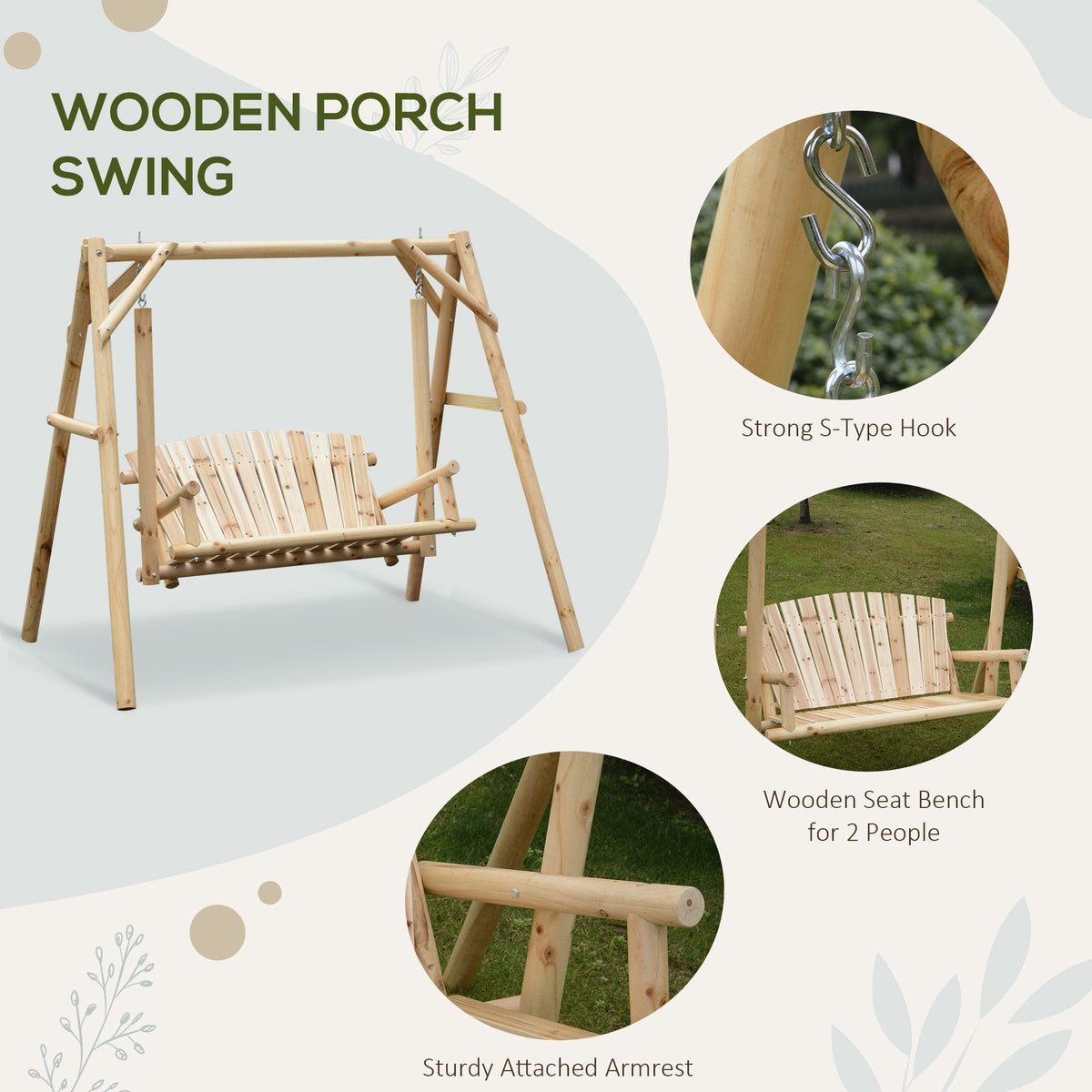 Outsunny 2 Seater Wooden Garden Swing Chair, Larch Wood Porch Swing Seat Bench Lounger for Outdoor Patio Garden, 300kg Capacity