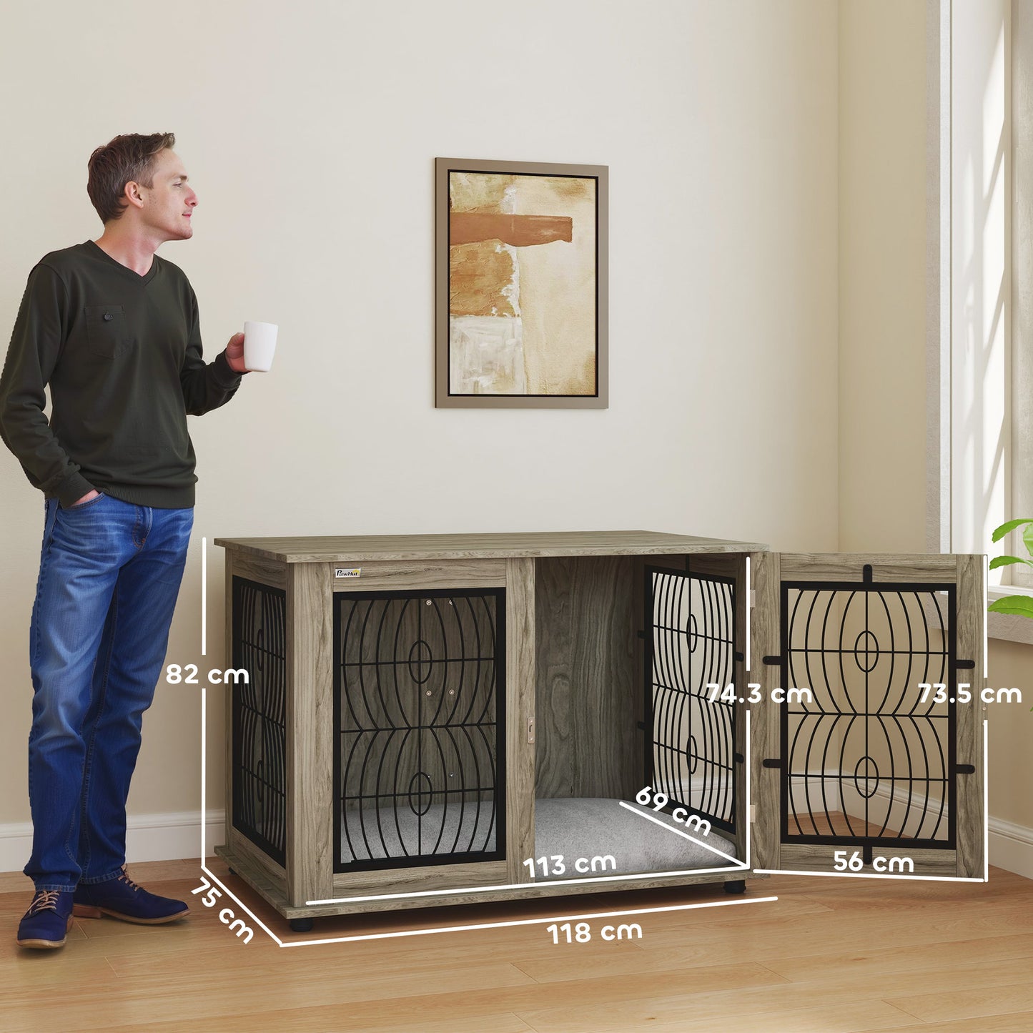 PawHut 46.46'' Dog Crate Furniture Table with Soft Washable Cushion and Lockable Door, for Large Indoor Dogs, Grey