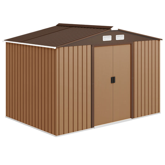 Photo of Outsunny 9 x 6ft Metal Garden Shed, Outdoor Storage Tool House with Ventilation Slots, Foundation Kit and Lockable Double Doors, Light Brown in Brown colour on a white background