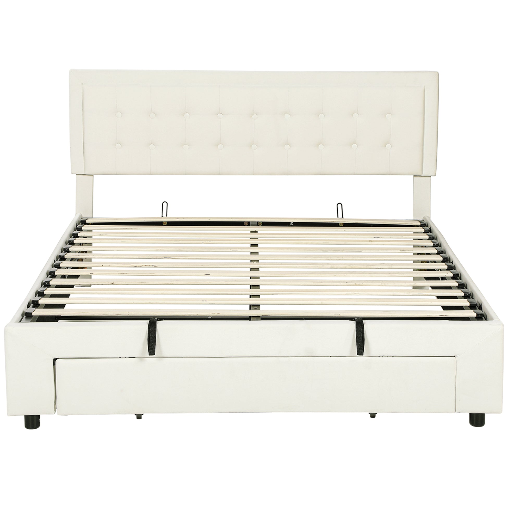 Photo of HOMCOM King Size Ottoman Bed Frame, with Front Drawer - Cream in Cream colour on a white background