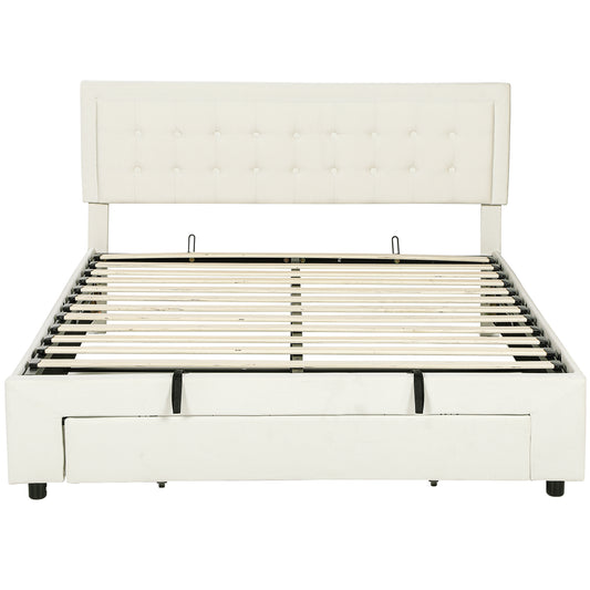 Photo of HOMCOM King Size Ottoman Bed Frame, with Front Drawer - Cream in Cream colour on a white background