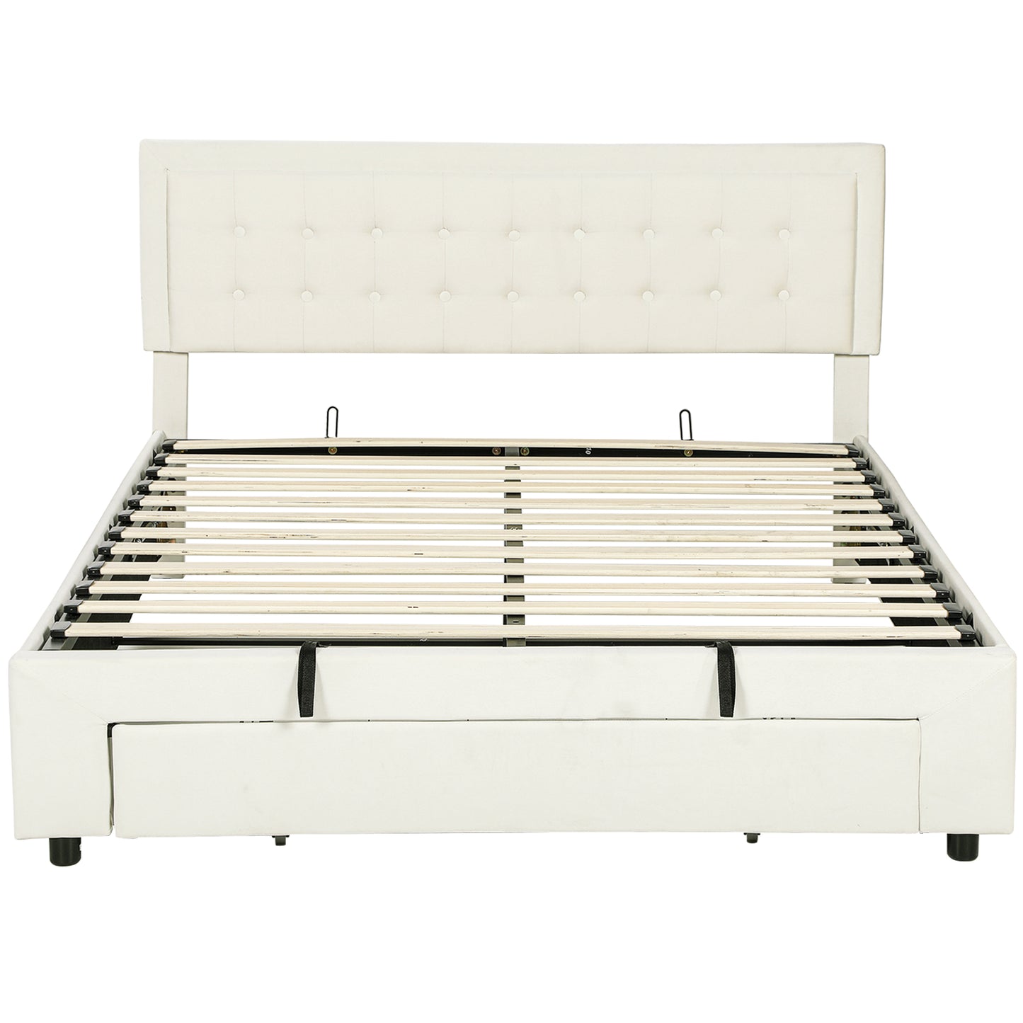 Photo of HOMCOM King Size Ottoman Bed Frame, with Front Drawer - Cream in Cream colour on a white background