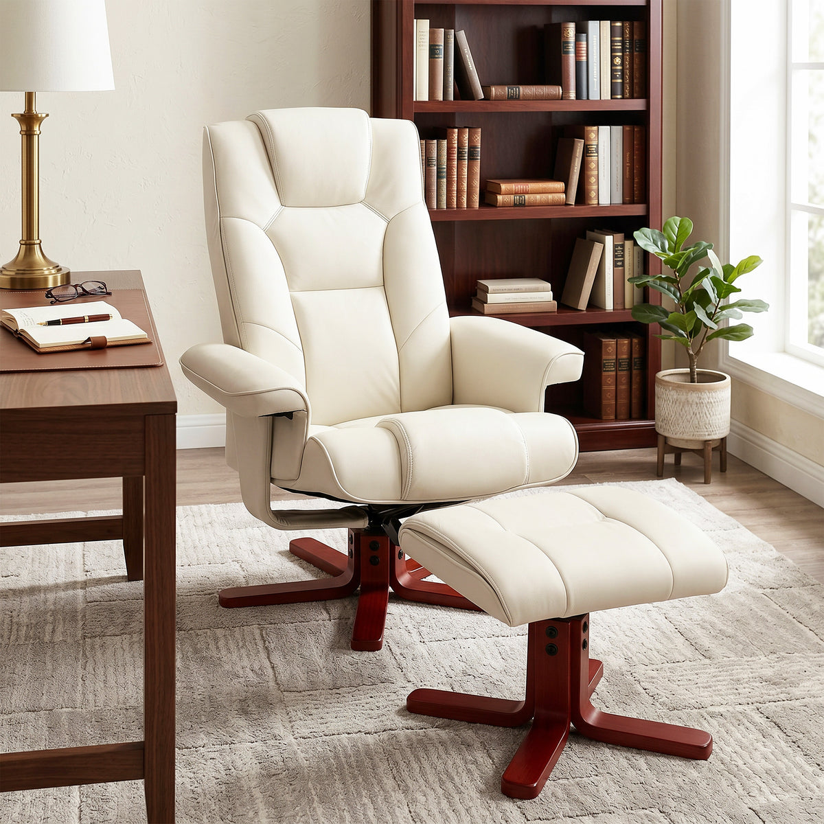 HOMCOM Faux Leather Manual Recliner and Footstool Set - Cream White