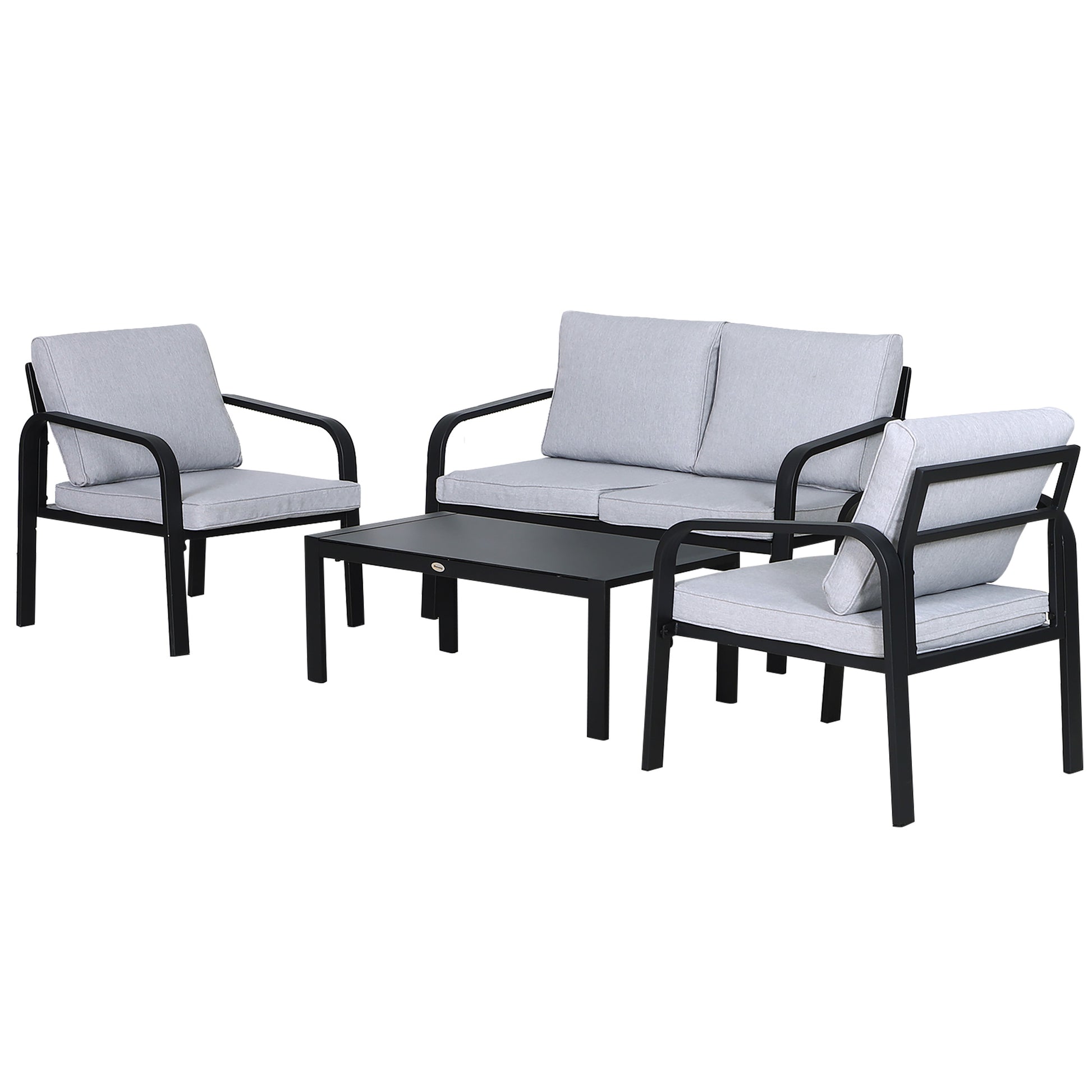 Photo of Outsunny 4pcs Garden Sofa Set 2 Single Armchair, 1 Bench & 1 Coffee Table Set Aluminum Frame Patio Furniture with Cushions, Black in Black colour on a white background