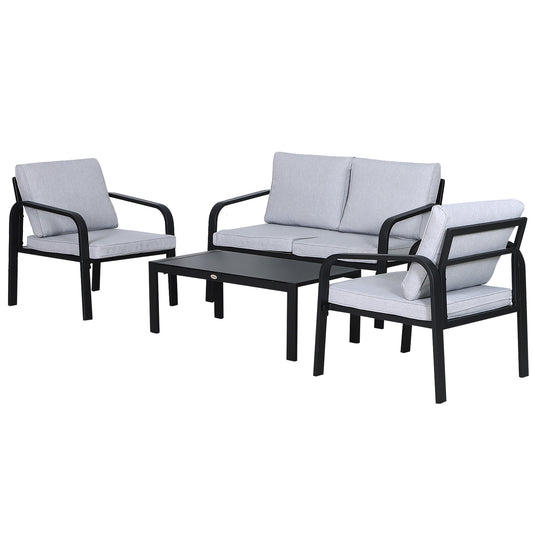 Photo of Outsunny 4pcs Garden Sofa Set 2 Single Armchair, 1 Bench & 1 Coffee Table Set Aluminum Frame Patio Furniture with Cushions, Black in Black colour on a white background