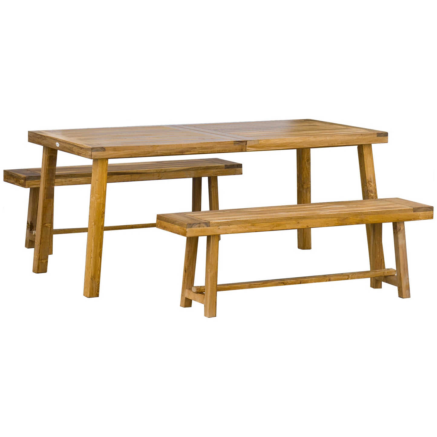 Photo of Outsunny 3 Pieces Picnic Bench Set with Table and 2 Benches, Acacia wood Dining Trestle Beer Table and Seat,  Natural Wood Finish in Finish colour on a white background