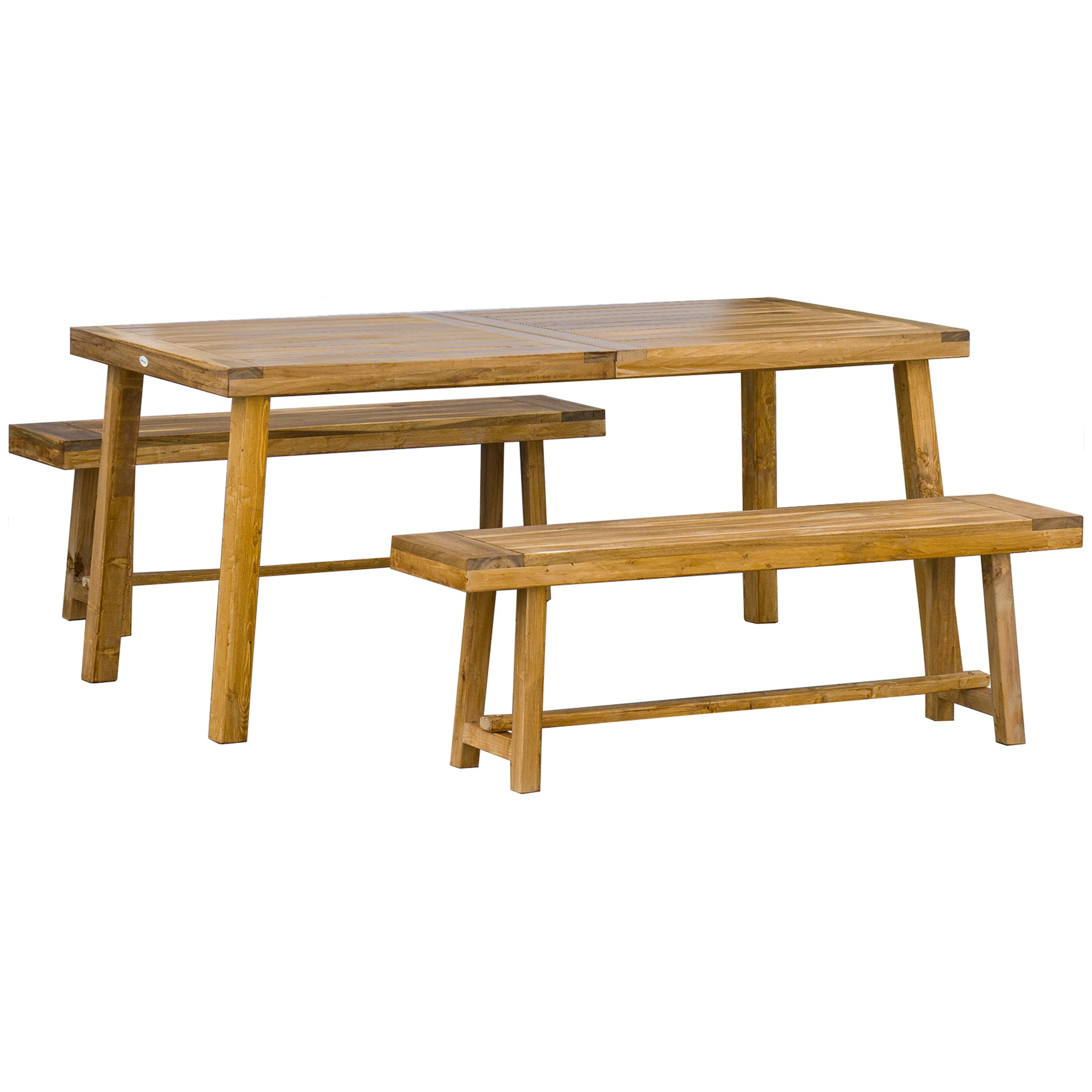 Photo of Outsunny 3 Pieces Picnic Bench Set with Table and 2 Benches, Acacia wood Dining Trestle Beer Table and Seat,  Natural Wood Finish in Finish colour on a white background