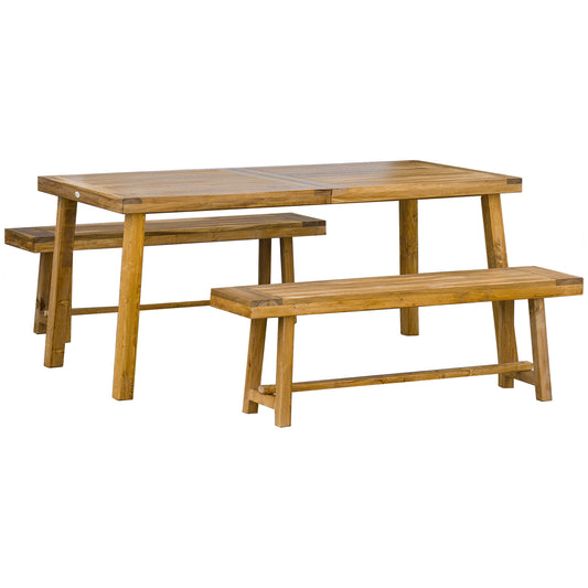 Photo of Outsunny 3 Pieces Picnic Bench Set with Table and 2 Benches, Acacia wood Dining Trestle Beer Table and Seat,  Natural Wood Finish in Finish colour on a white background