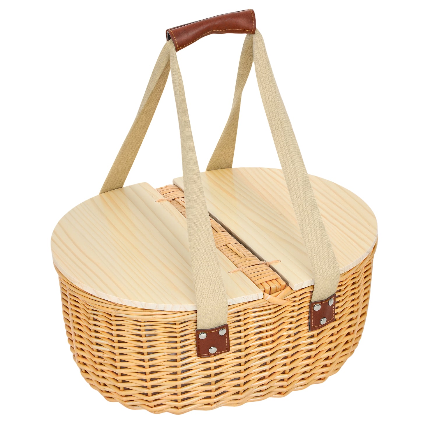 Photo of Outsunny Wicker Picnic Basket for 2 with Pine Wood Lid, Picnic Hamper with Cooler Compartment, Cutlery Service Kits, Carry Handle for Camping, Outdoor, Valentine Day, Chirtmas, Birthday, Light Brown in Brown colour on a white background