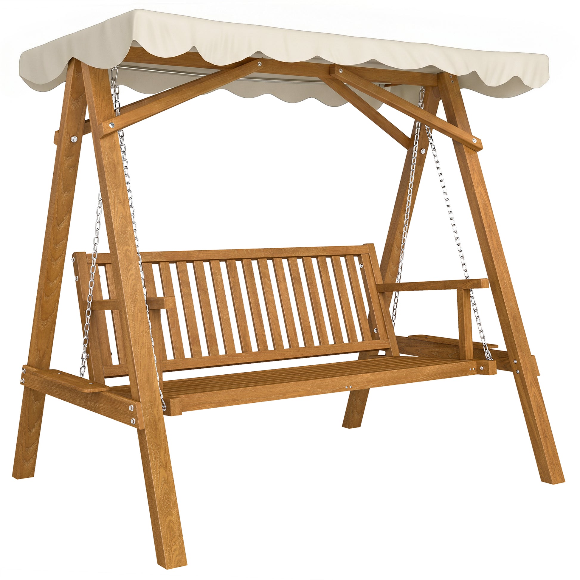 Photo of Outsunny 3 Seater Garden Swing Seat with Canopy, Wooden Swing Chair, Outdoor Hammock Bench for Balcony Patio Porch, Cream White in White colour on a white background