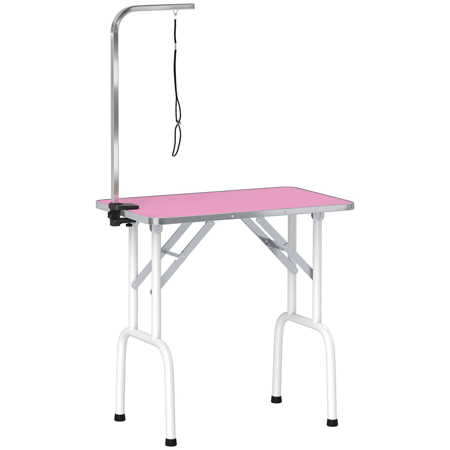 Photo of PawHut 32" Foldable Dog Grooming Table Pet Drying Beauty Table Adjustable Fixed Arm Rubber Top, Pink in Pink colour on a white background